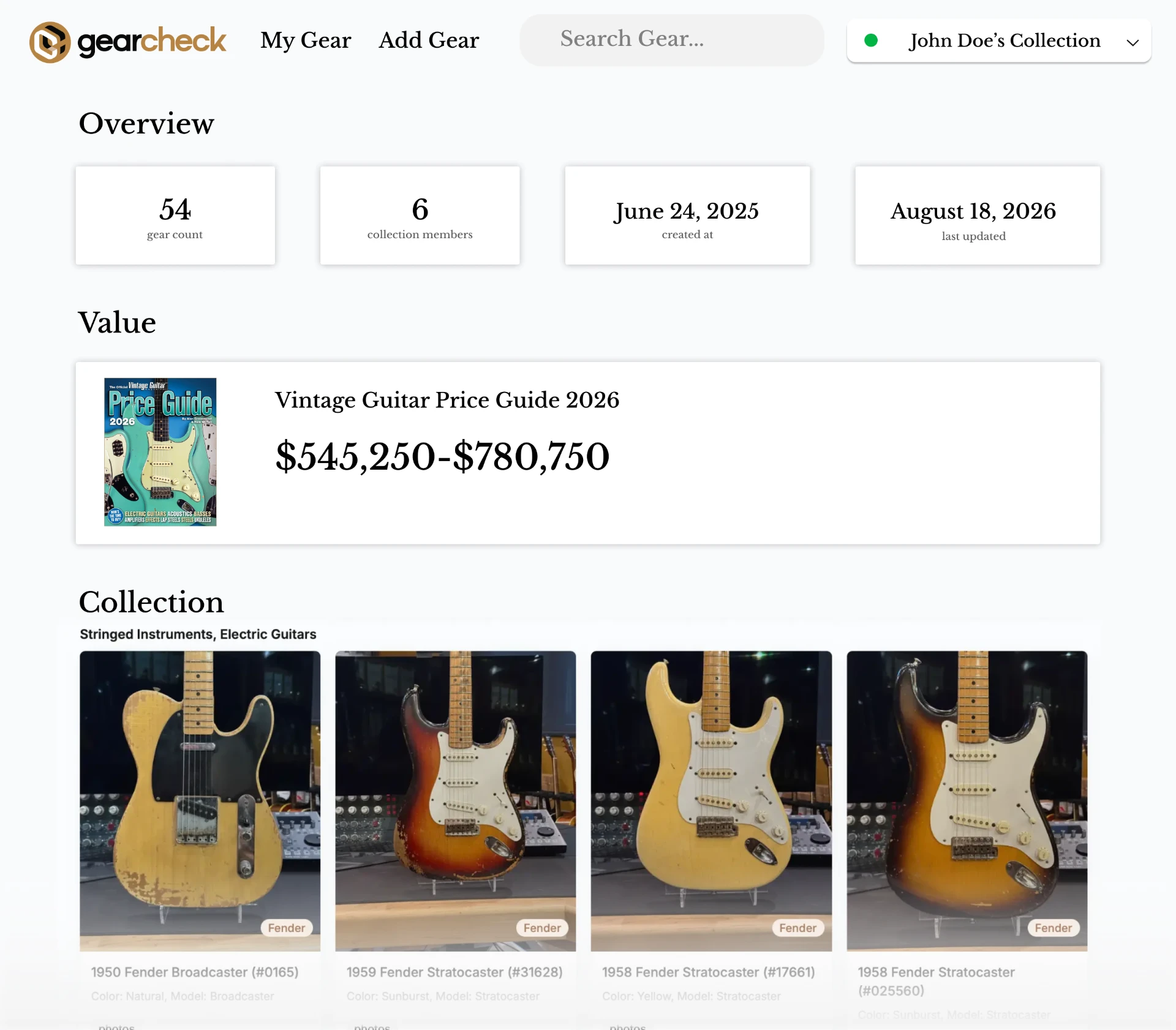 Gearcheck collection overview showing value guide, gear count and instrument grid