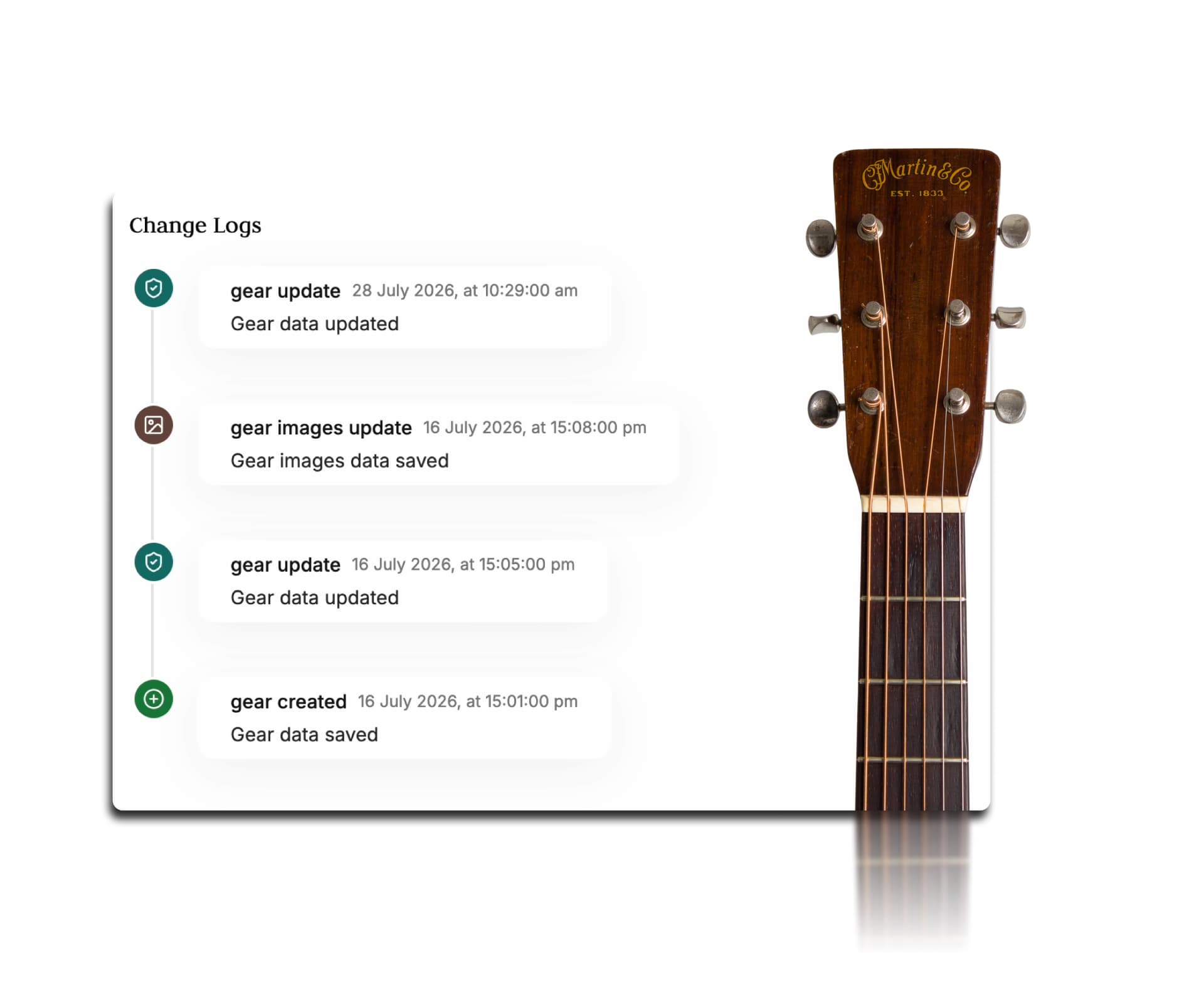 A change log timeline of gear updates beside a Martin headstock.