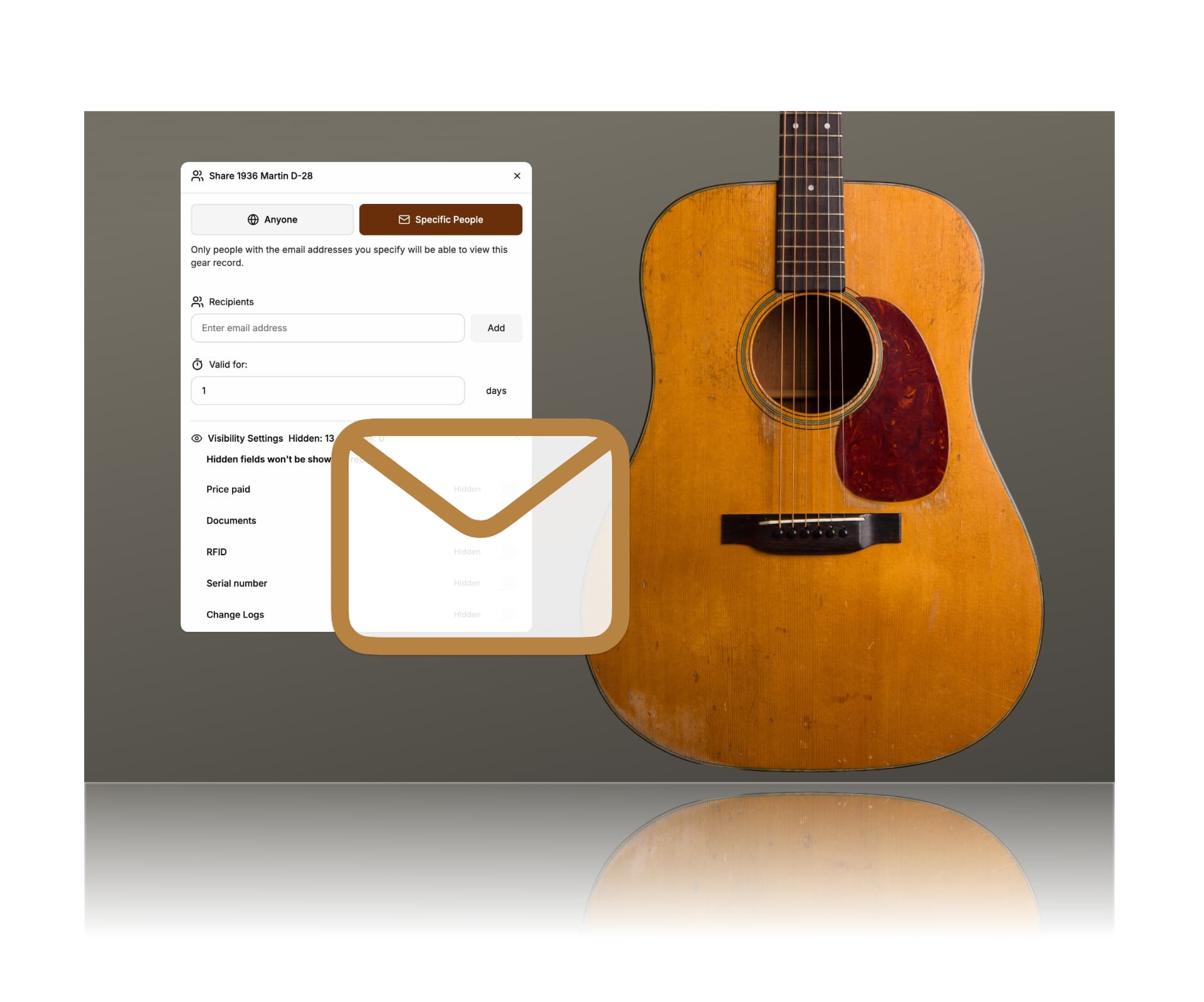 A share dialog for a 1936 Martin D-28 with recipient and field visibility settings.