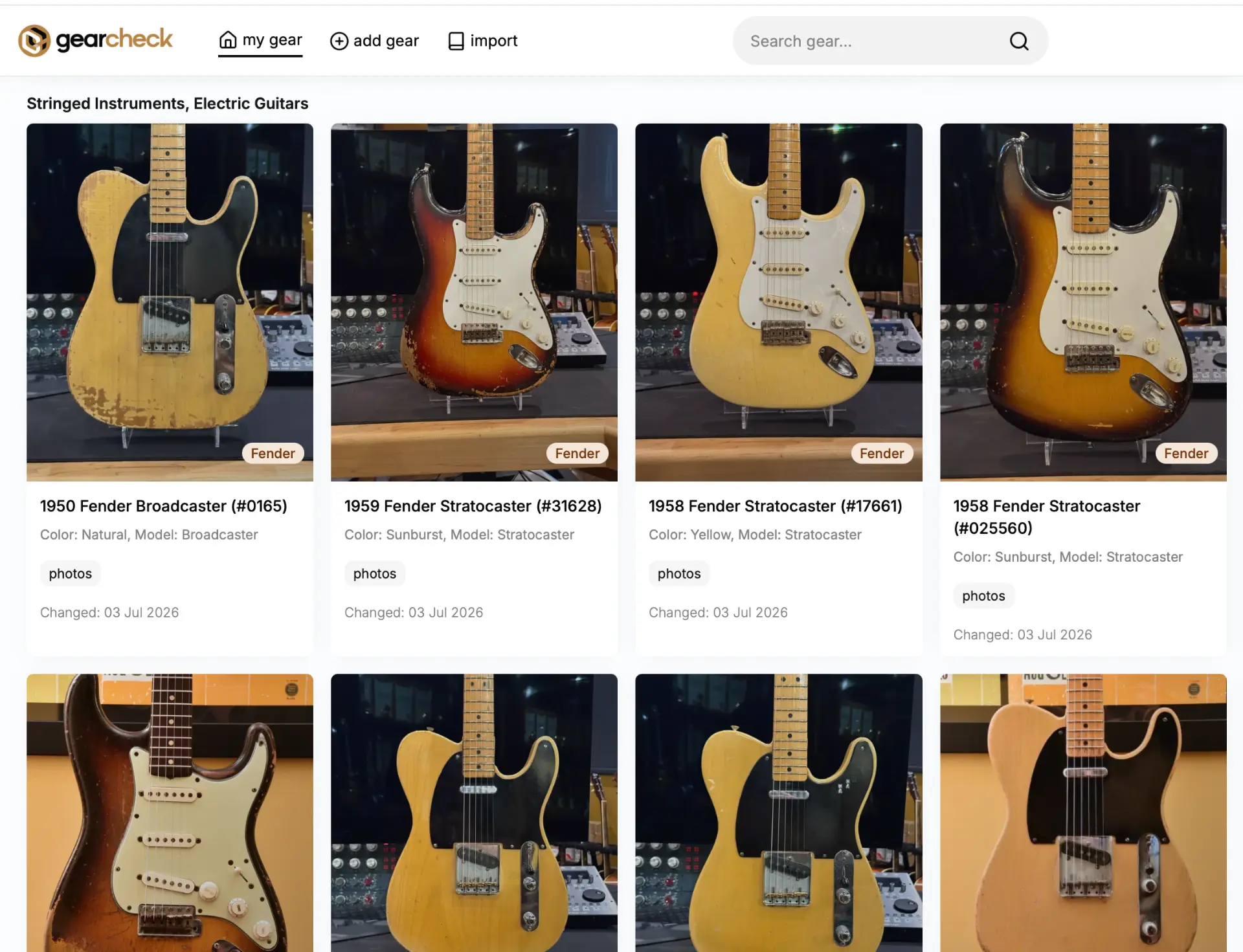 The Gearcheck collection grid showing vintage Fender guitars with model details and recent changes.