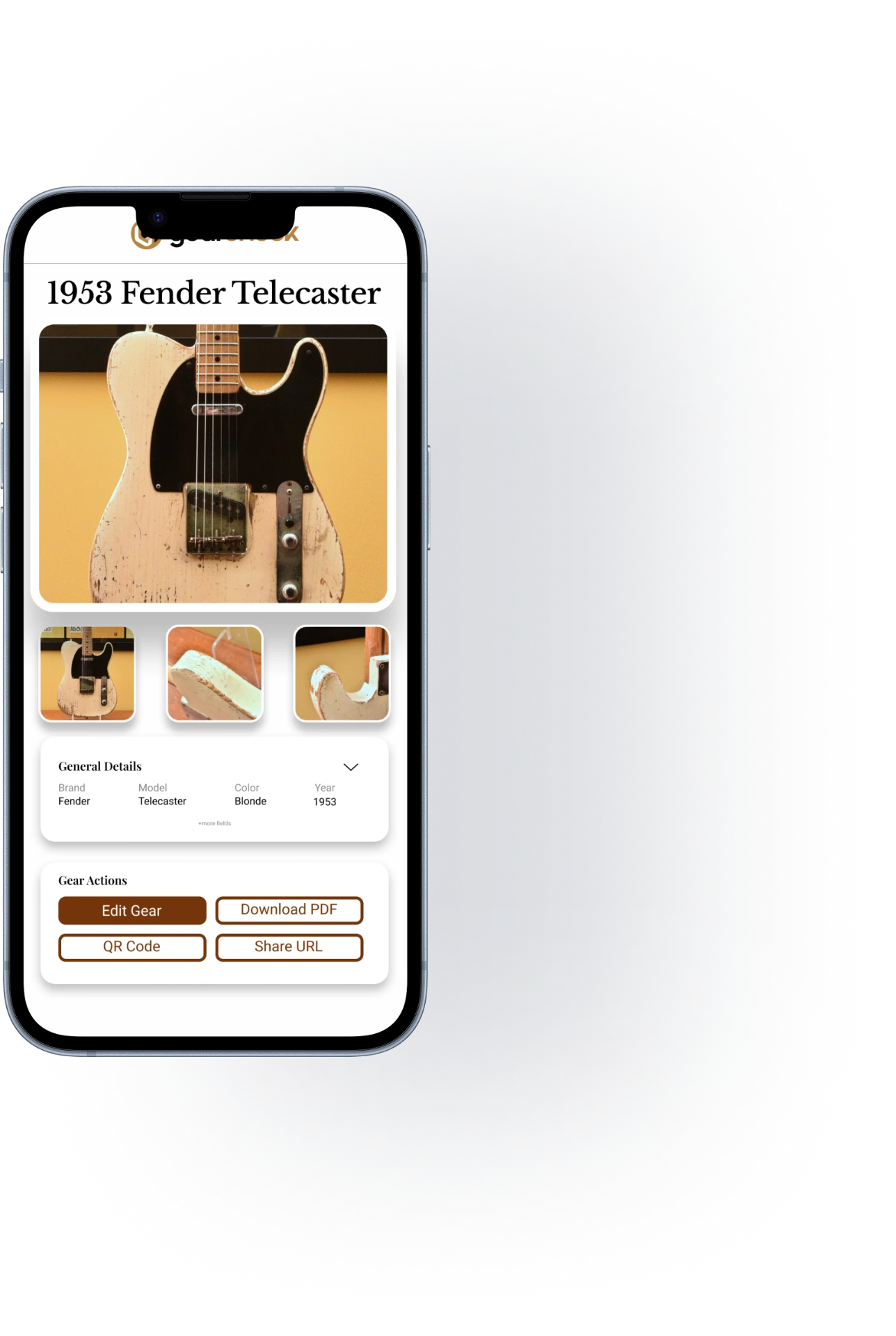 Gearcheck mobile app showing a 1953 Fender Telecaster record