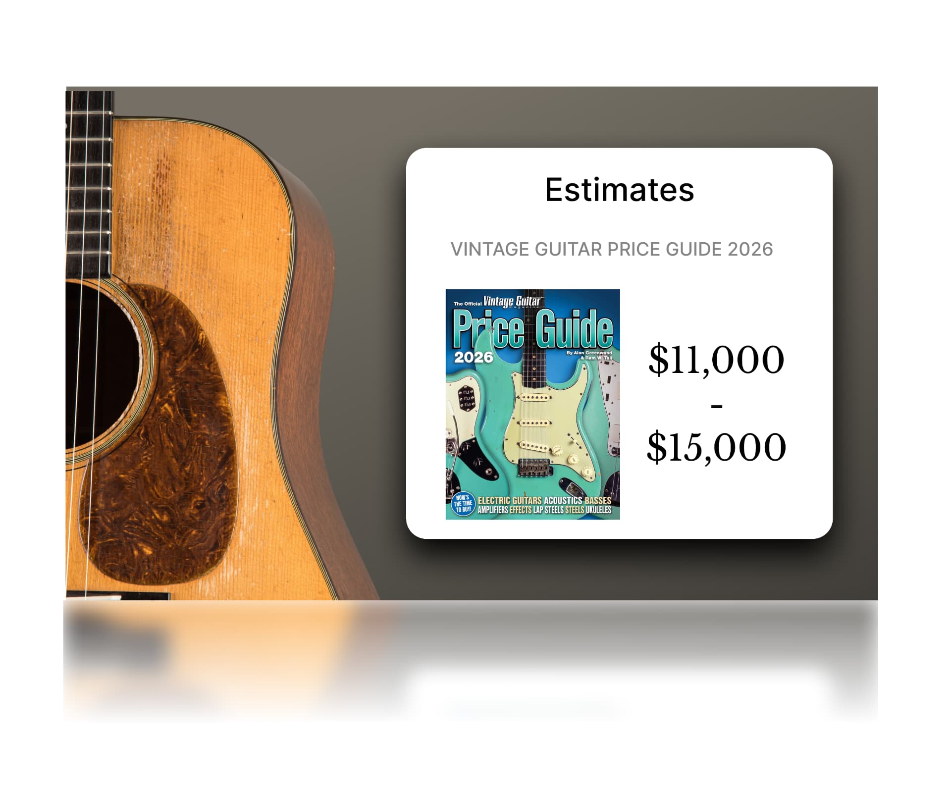 A vintage Martin acoustic beside a Vintage Guitar Price Guide 2026 estimate of $11,000 to $15,000.