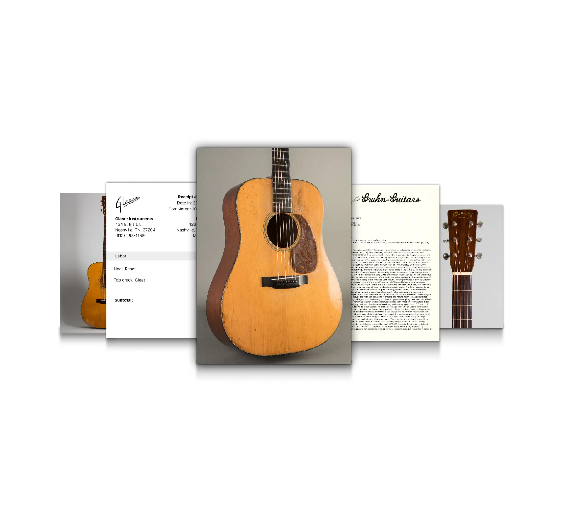 A collage of instrument records, receipts, and appraisals stored in one secure Gearcheck archive.